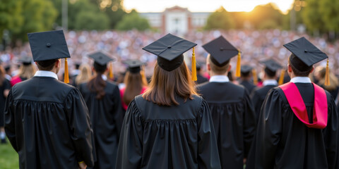 Graduates in academic robes and caps celebrate graduation