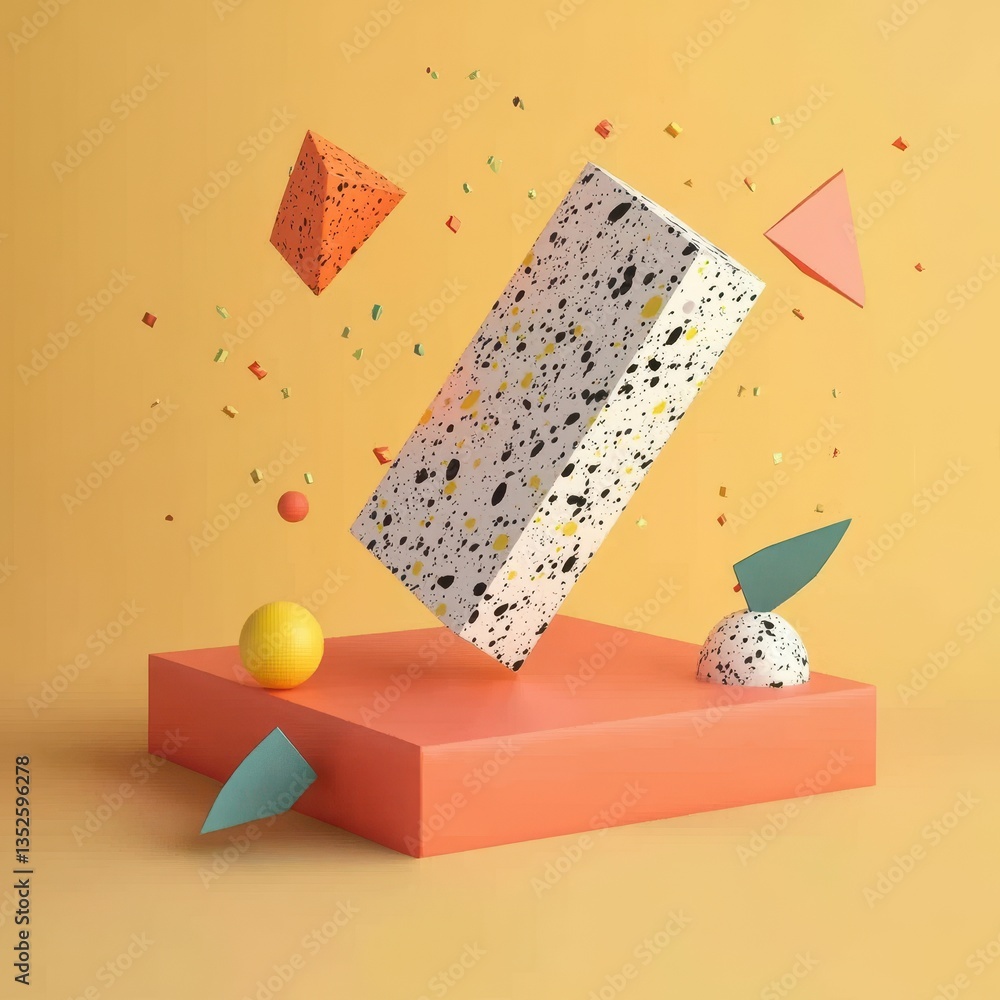 Poster geometric shapes and terrazzo textures floating on a yellow background