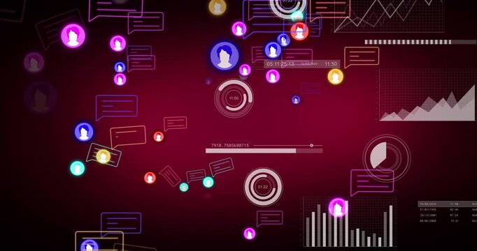 Animation of digital data and social media icons floating over graphs, red backdrop