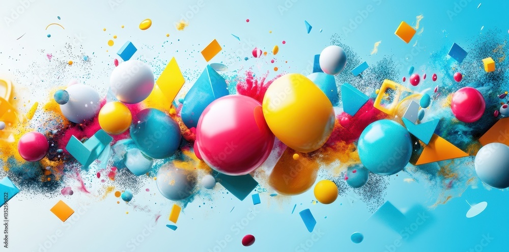 Poster colorful spheres and geometric shapes appear to be exploding