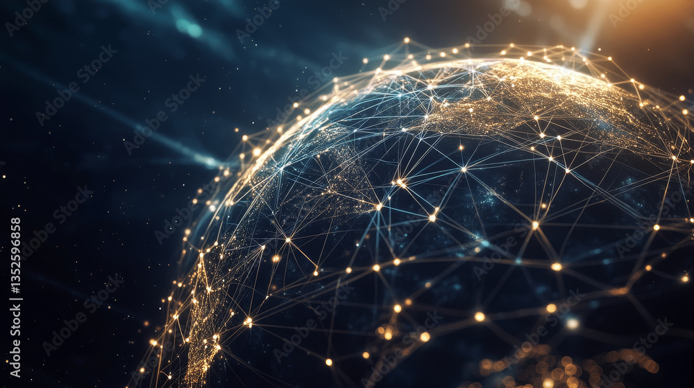 Poster the interconnection technology of polygons forming globes with lines and dots as the main structure.