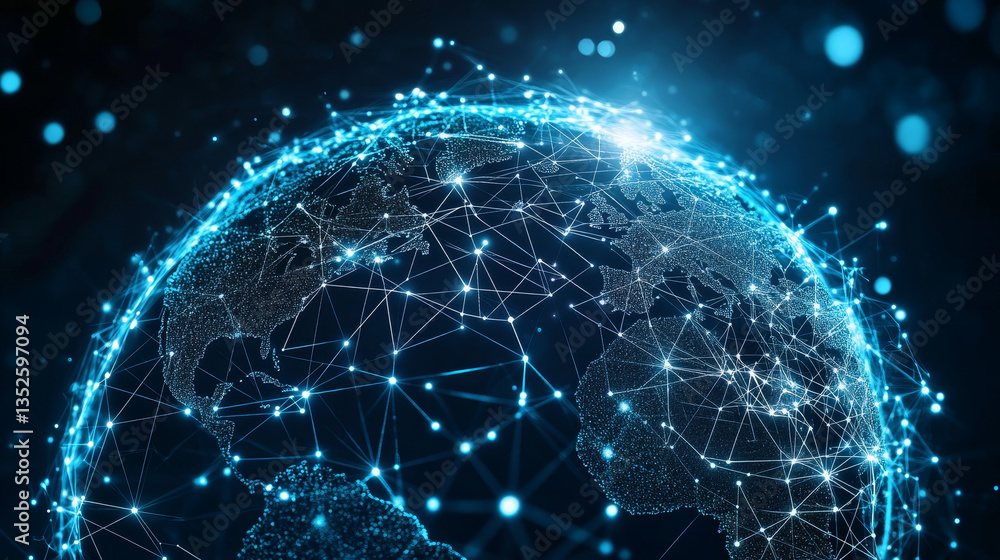 Poster the interconnection technology of polygons forming globes with lines and dots as the main structure.