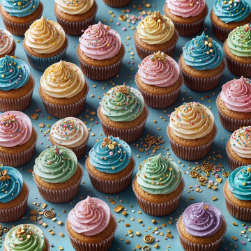 Colorful cupcakes with swirled frosting in pastel and bright hues, topped with edible pearls and sprinkles. Perfect for birthdays, parties, and celebrations, set against a blue background.