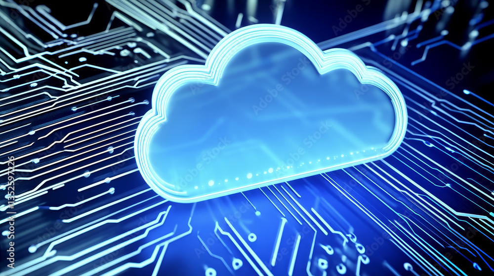 Poster cloud computing concept on blue circuit board, abstract background of technology cloud computing wit