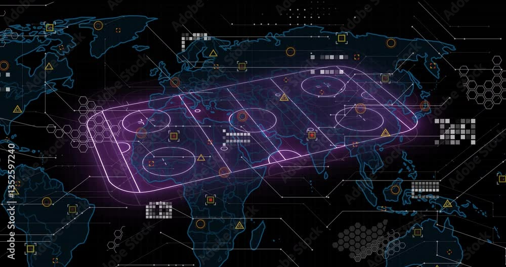 Poster animation of digital hockey rink overlaying world map with data points connecting