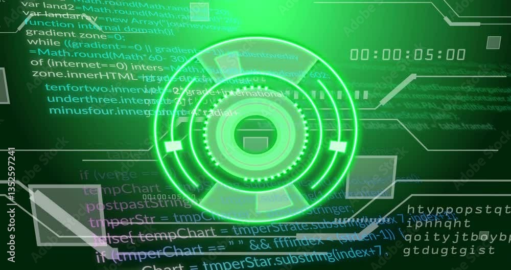 Poster glowing green circular design with animation over programming code in school setting