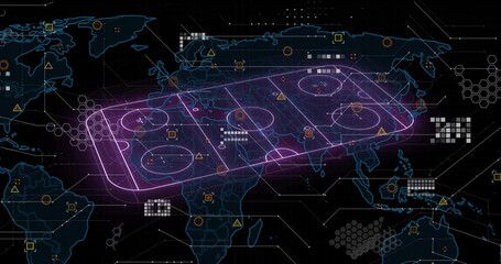 Animation of digital hockey rink overlaying world map with data points connecting - Powered by Adobe