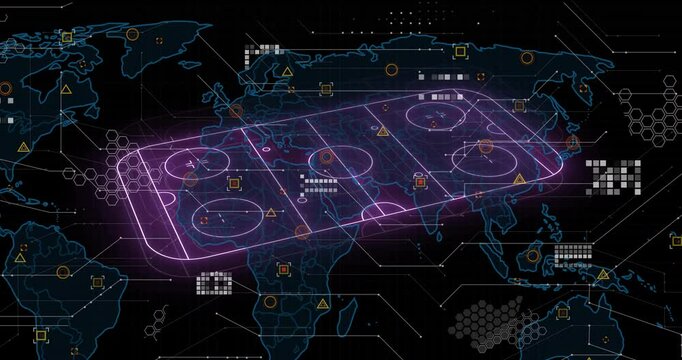 Animation of digital hockey rink overlaying world map with data points connecting - Powered by Adobe