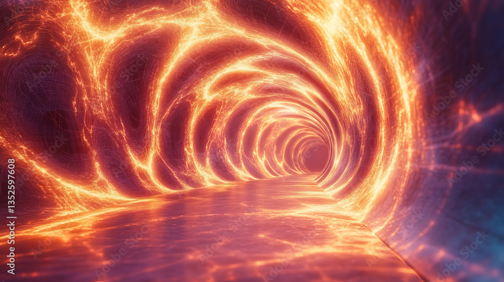 Poster digital tunnel of cyberspace with particles and lighting, technology network connections abstract ba