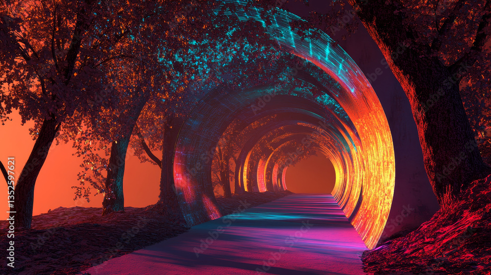 Poster digital tunnel of cyberspace with particles and lighting, technology network connections abstract ba