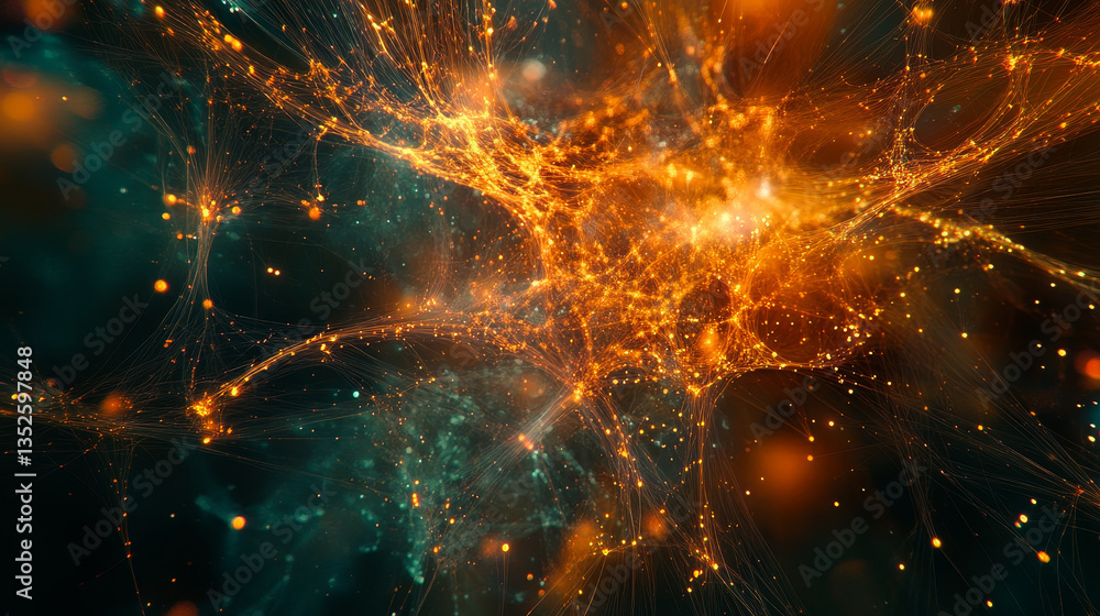 Poster digital tunnel of cyberspace with particles and lighting, technology network connections abstract ba