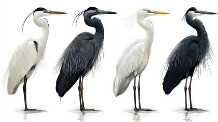 Obraz premium Four elegant herons standing in a row, showcasing their plumage and colors