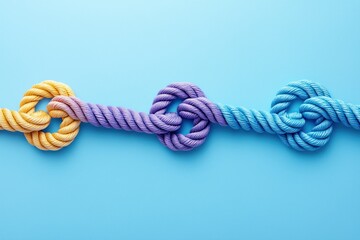 Knotted ropes, yellow, purple, and blue, linked together on a blue background