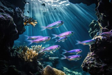 Fototapeta premium School of iridescent fish swimming in sunlit underwater coral reef.