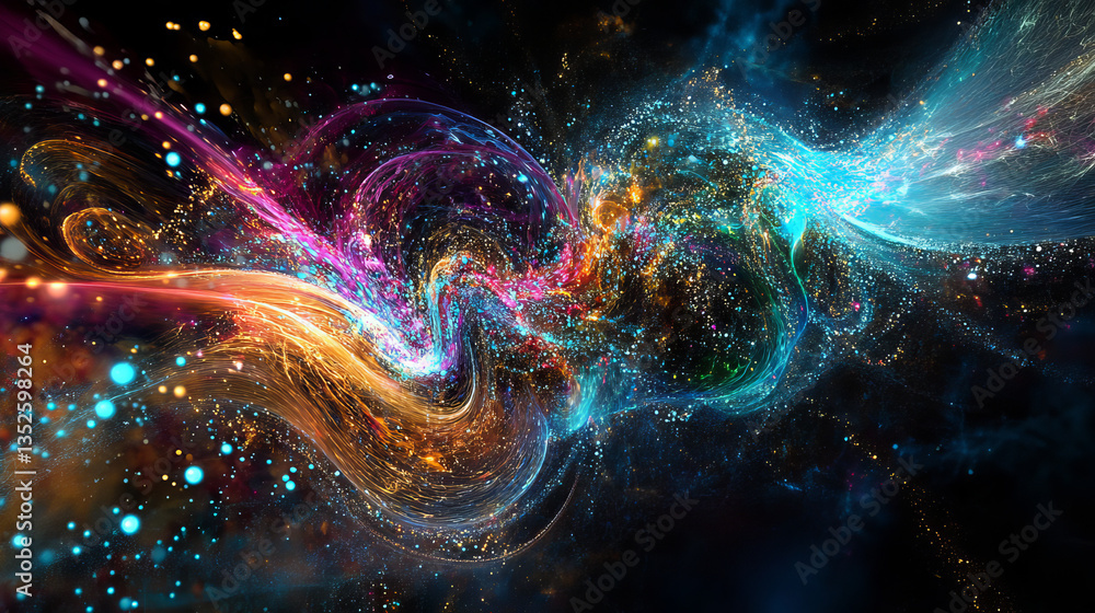 Poster digital tunnel of cyberspace with particles and lighting, technology network connections abstract ba