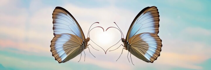 Obraz premium Two butterflies touching wings to form a heart shape against a pastel sky – Suitable for nature appreciation, love and romance concepts, or environmental storytelling.