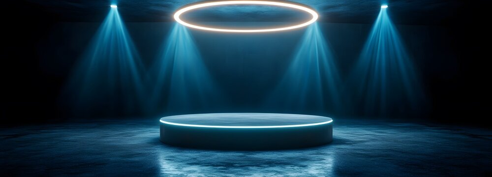 A floating hexagonal podium, surrounded by hovering light rings - Powered by Adobe