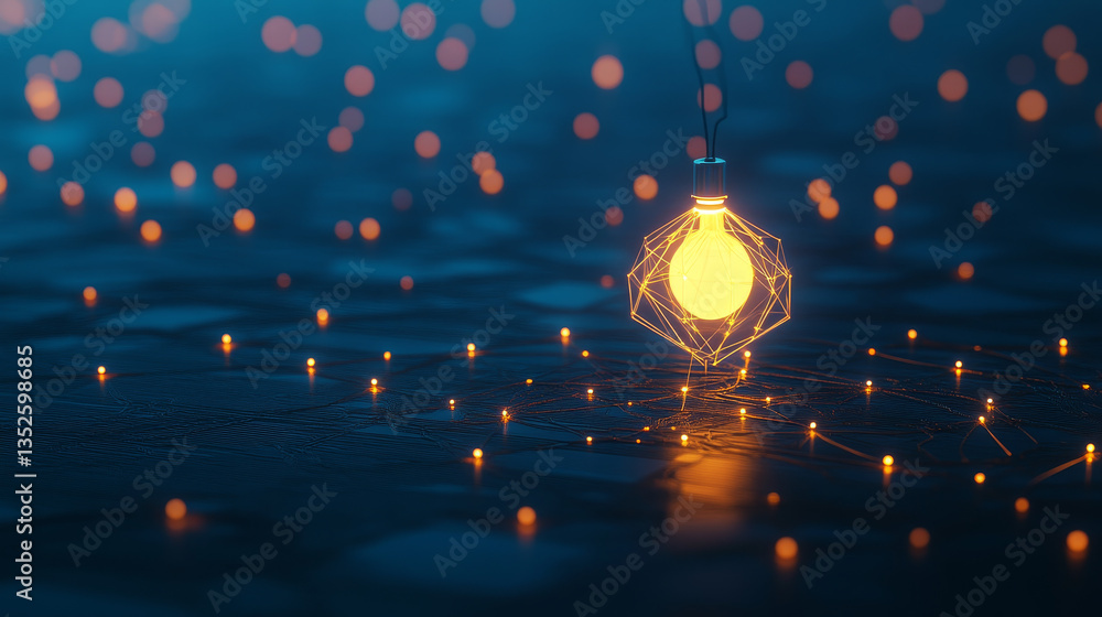 Poster creative idea concept, technology digital data network connection with lamp on blue background, moti