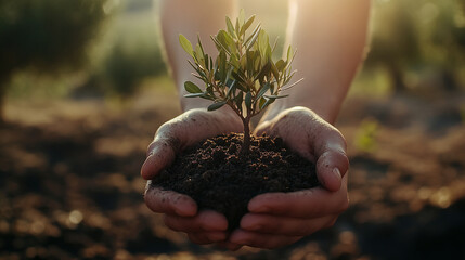 Close-up of hands holding small olive tree sapling with soil, representing growth, nature, and environmental conservation