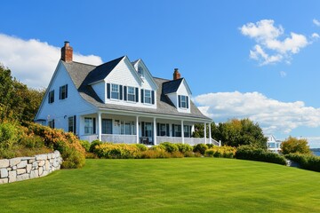 Charming New England Homes: Traditional White Wooden Houses Under the Summer Sun in Rockport, Massachusetts