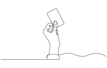 Continuous one line drawing of hand holding credit card, Hand holding credit card in a continuous one line drawing style. Editable line vector illustration.