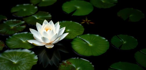 A pristine white water lily floats serenely amidst vibrant green leaves, stark against a black backdrop, serene, beauty
