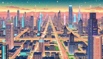 Obraz premium A futuristic cityscape with towering skyscrapers and vibrant neon lights at night.