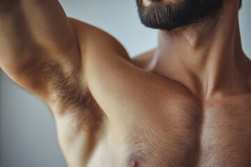 Close-Up of Fit Male Torso: Skincare Focus on Chest and Armpit Hair Removal Treatment