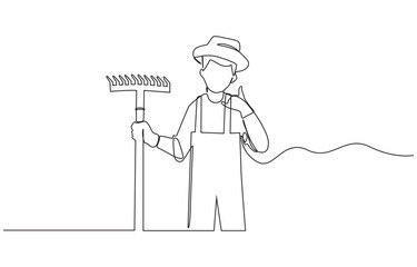 Obraz premium Single one line drawing of farmer with gesture okay wearing straw hat and carrying shovel to work on the farm, One line drawing female farmer stood with gesture okay.