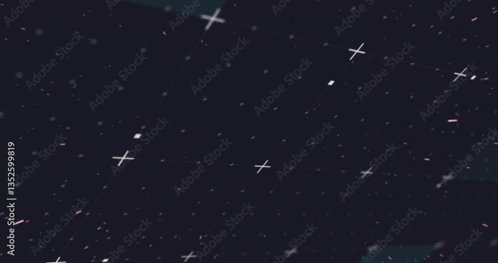 Poster floating crosses and particles forming abstract geometric animation on dark background