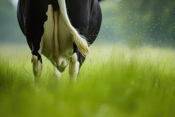 Cow Tail in Action: A Dairy Cow Grazing on Lush Grass While Swatting Flies in a Serene Rural Pasture