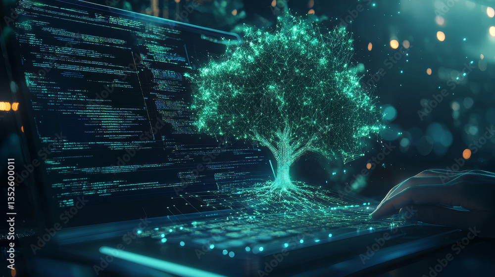 Poster a person typing on a keyboard with a glowing digital tree emerging from the screen, symbolizing the 