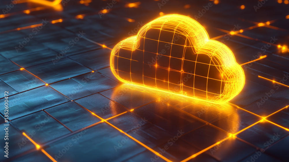 Poster futuristic cloud computing technology concept with glowing yellow cloud icon on a blue hexagonal gri