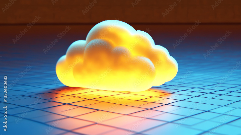 Poster futuristic cloud computing technology concept with glowing yellow cloud icon on a blue hexagonal gri
