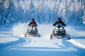 Dynamic Duo Adventuring on a Snowmobile Across Lapland's Icy Wilderness