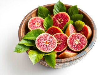 A rustic bowl overflows with vibrant pink guava slices and lush green leaves against a clean white backdrop, natural, plant