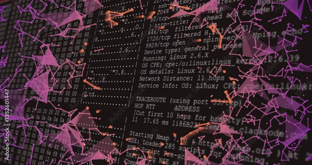 Poster computer code with pink geometric shapes and network connections animation overlay
