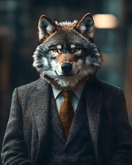 A wolf in a business suit stands amid a city skyline