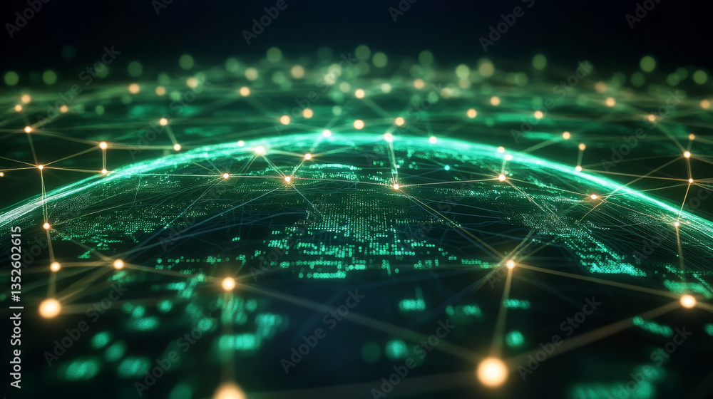 Poster green digital cyberspace with particles and digital data network connections. big data hi-speed inte