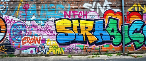A vibrant, multicolored graffiti mural covers a weathered brick street wall, illustration, light