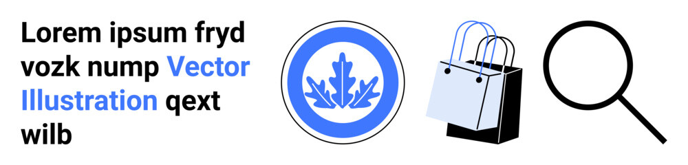 Shopping bag pair, magnifying glass, blue circular badge with leaf. Ideal for e-commerce, retail, online search, eco products, branding, marketing environmental focus flat landing page banner