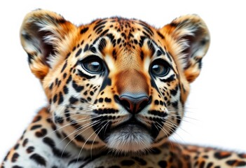 Obraz premium Close-up of a leopard cub's face, isolated on white, mammal, endangered species