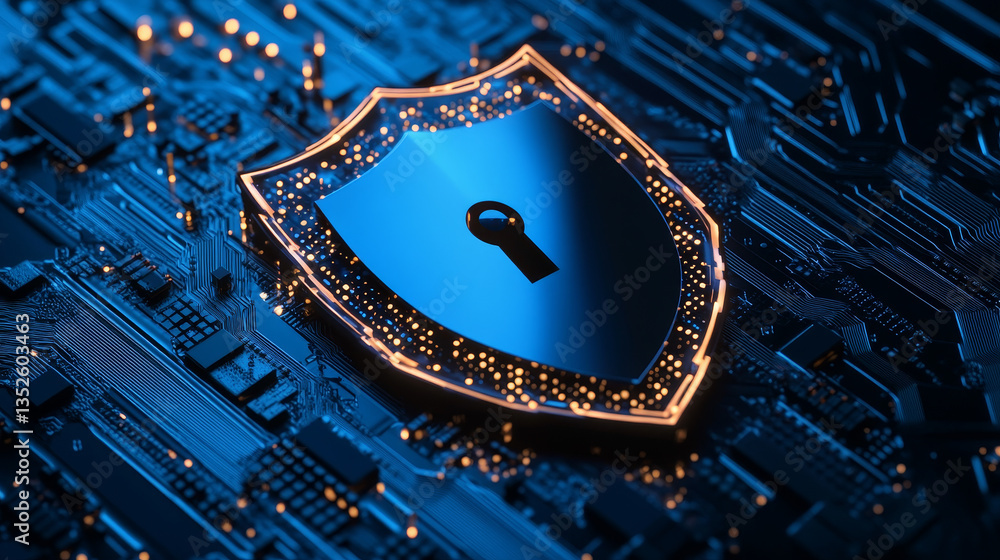 Poster cybersecurity and privacy protection are computer technology concepts. a shield is built inside a tr
