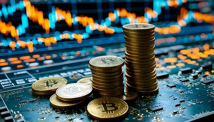 stacks of bitcoin coins on top of a computer motherboard.