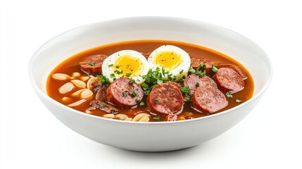 Serving of Cozy Cassoulet Soup with Sausage and Hard Boiled Egg