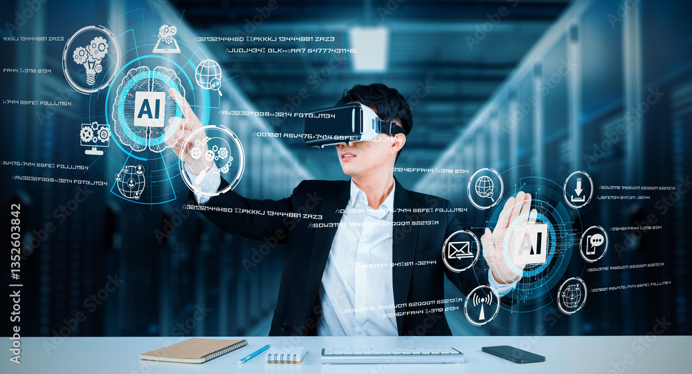 Poster business man with goggles working while using ai technology. project manager with formal suit checki