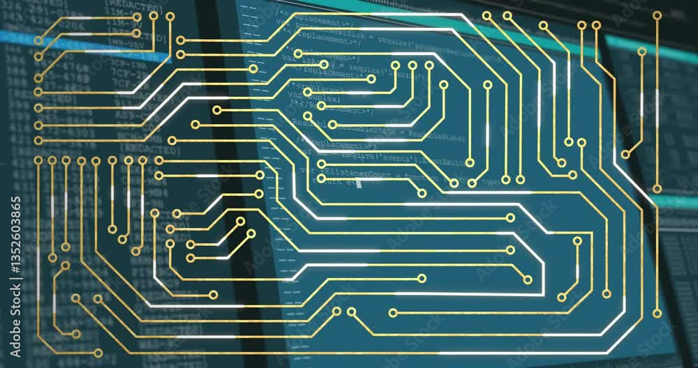Poster animation overlaying circuit board pattern on screen, showcasing technology integration