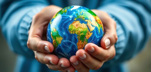 Close-up of hands gently cradling a miniature Earth globe, eco,  pollution