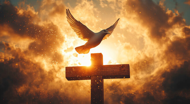Silhouette of a dove flying over a cross at sunrise, symbolizing peace and resurrection, ideal for Easter and Christmas events and religious themes.