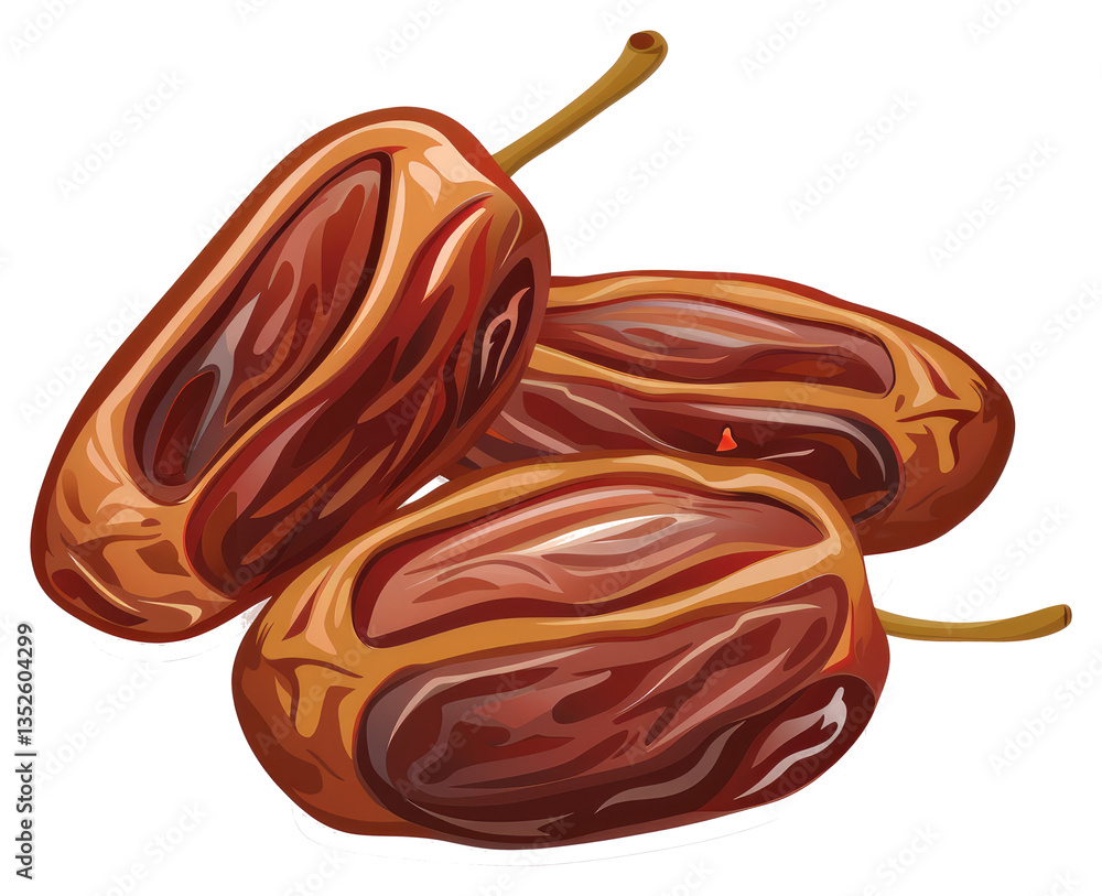 Poster close up view of three brown dried dates isolated